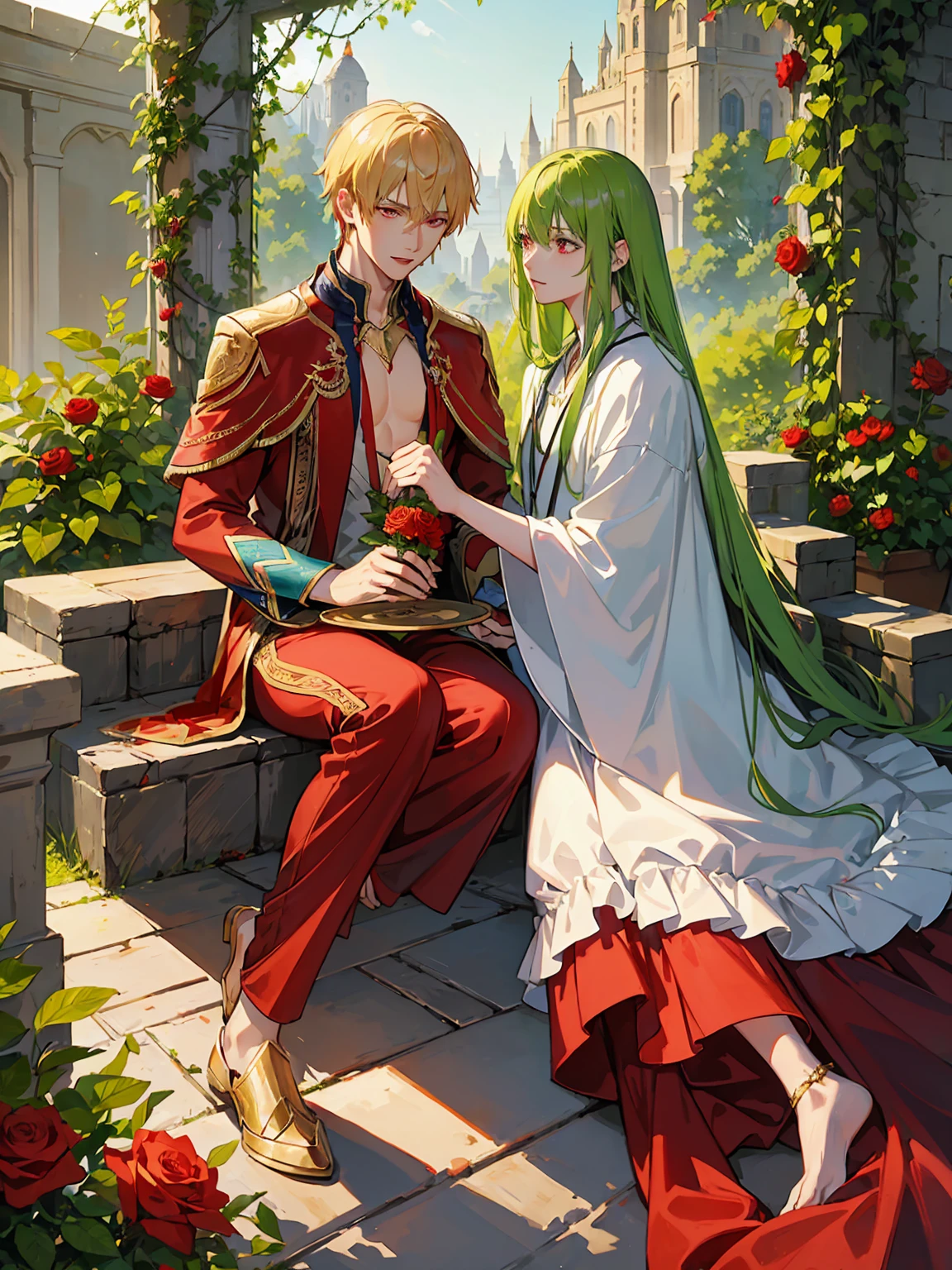 absurd resolution, high resolution, ultra detailed, HDR, master piece, best quality, extremely detailed face and eyes, beautiful vibrant red eyes, caster Gilgamesh x Enkidu, gay couple, two men only, handsome, garden, red roses, petals, arabian clothes