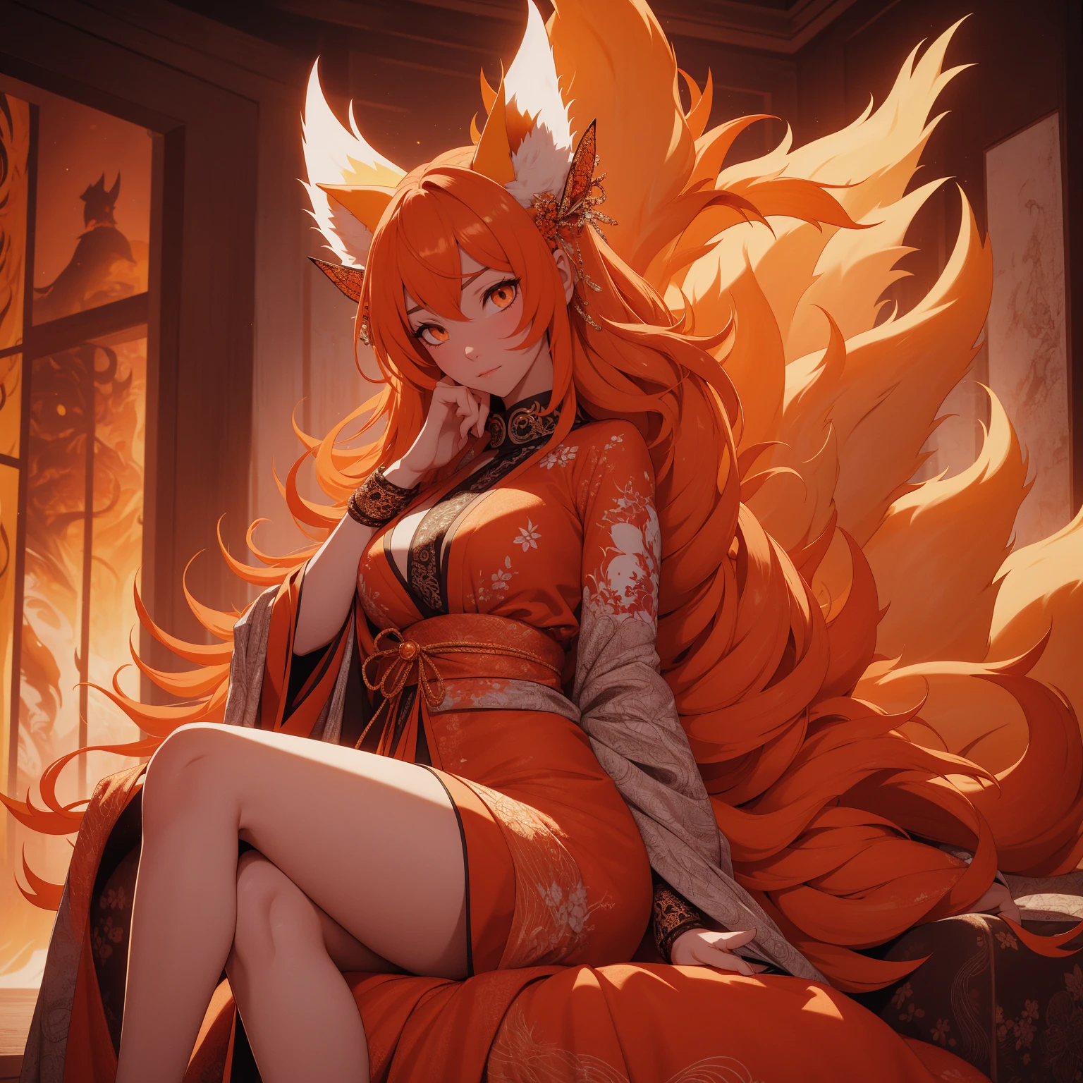 REALISTIC VISION 1.4, BETTER VAE,sharp focus, ultra detail, 32k,realistic photo, intricate details, kitsune, orange hair, oranfe eyes, intricate details ,woman, nine tails, intricate details,intricate details,big , Voluptuous body, intricate details, Miko, clothes long white dress with red details intricate details, tattoos intricate details, full body, sitting on the sofa with a orange nine tails fox , kiuubi (kurama, naruto)