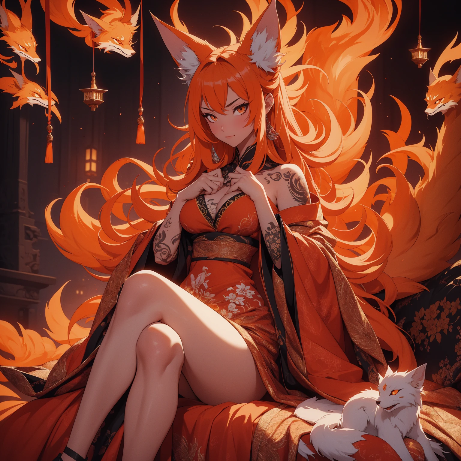 REALISTIC VISION 1.4, BETTER VAE,sharp focus, ultra detail, 32k,realistic photo, intricate details, kitsune, orange hair, oranfe eyes, intricate details ,woman, nine tails, intricate details,intricate details,big , Voluptuous body, intricate details, Miko, clothes long white dress with red details intricate details, tattoos intricate details, full body, sitting on the sofa with a orange nine tails fox , kiuubi (kurama, naruto)