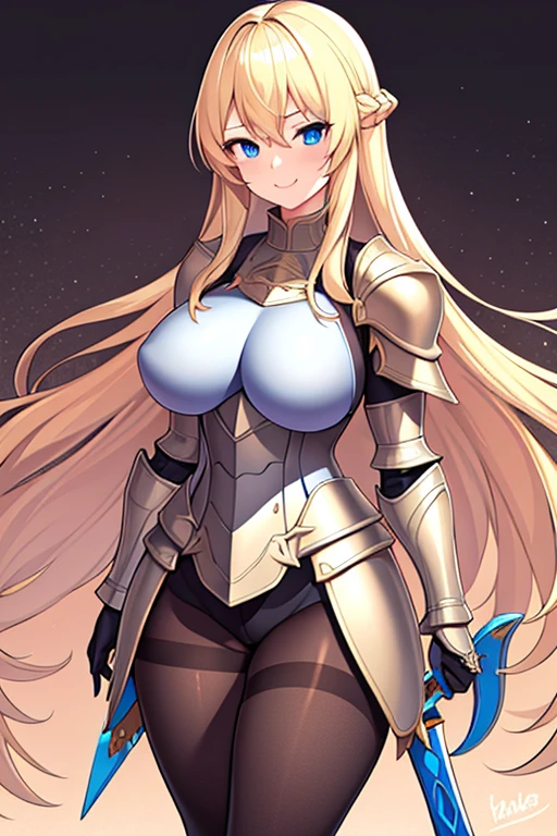 1girl, blonde hair, shoulder armor, large breasts, thick thighs, sword, pantyhose, blue eyes, long hair, blonde hair, armor, hourglass figure, bare legs, smile, gloves, standing, mature female