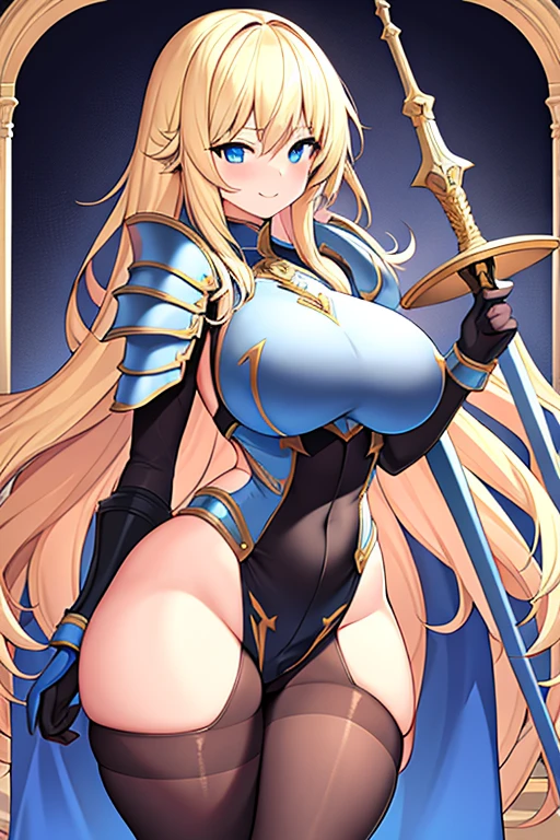1girl, blonde hair, shoulder armor, large breasts, thick thighs, sword, pantyhose, blue eyes, long hair, blonde hair, armor, hourglass figure, bare legs, smile, gloves, standing, mature female