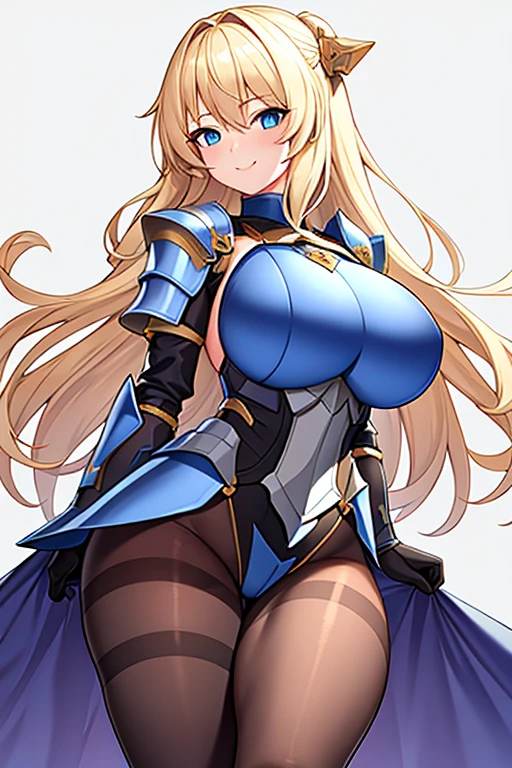 1girl, blonde hair, shoulder armor, large breasts, thick thighs, sword, pantyhose, blue eyes, long hair, blonde hair, armor, hourglass figure, bare legs, smile, gloves, standing, mature female