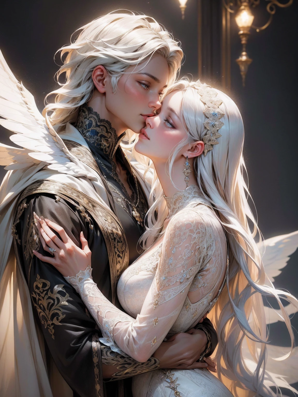 {-erro_de_anatomia:1.0} (best quality,4k,8k,highres,masterpiece:1.2), ultra-detailed, (realistic,photorealistic,photo-realistic:1.37), mature milf, illyasviel von einzbern, white hair, (black skin) upper body, vibrant colors, glowing skin, mesmerizing eyes, brown eyes, elegant pose, enchanting background, delicate lace dress, green dress, surreal lighting, ethereal atmosphere, mystical aura, intricate details, artistic medium, digital illustration, fantasy, anime, , kissing a beautiful white man ( white skin) 