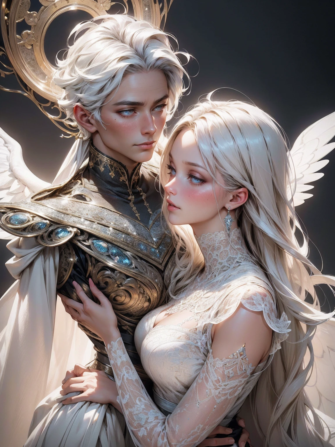 {-erro_de_anatomia:1.0} (best quality,4k,8k,highres,masterpiece:1.2), ultra-detailed, (realistic,photorealistic,photo-realistic:1.37), mature milf, illyasviel von einzbern, white hair, (black skin) upper body, vibrant colors, glowing skin, mesmerizing eyes, brown eyes, elegant pose, enchanting background, delicate lace dress, green dress, surreal lighting, ethereal atmosphere, mystical aura, intricate details, artistic medium, digital illustration, fantasy, anime, , kissing a beautiful white man ( white skin)