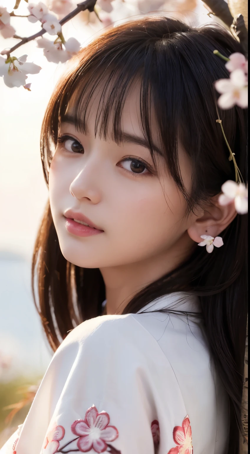 (logo、masterpiece、8k、Tabletop、RAW Photos、wonderful、最high quality、Realistic、Very detailed CG 統合 8k 壁紙、high quality、Very detailed、narrative poem、Particle Effects、Dynamic Effects、Depth of written boundary、Cinematic Light、Lens flare、Ray Tracing)、Fantasy、 (1 beauty、White kimono、Japanese clothing、White cherry blossom pattern、White cherry blossom embroidery pattern、Black-haired、Beautiful Face、True Face、Beautiful details in the eyes、Beautiful Skin)、Hair flutters in Wind、Hair bounces、Pink cherry blossom tree、Petals flutter、SakuraFubuki、wonderful景色、Morning Glow、Sun in the background、Wind、god々、tooth、god話、Vast land、