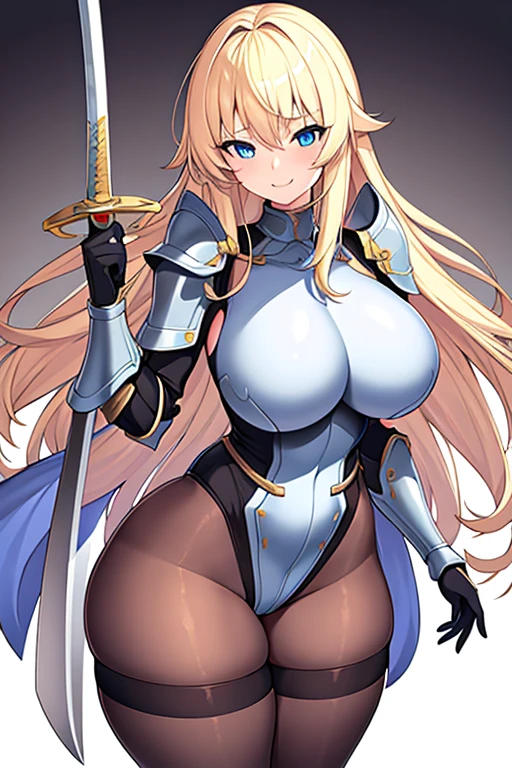 1girl, blonde hair, shoulder armor, large breasts, thick thighs, sword, pantyhose, blue eyes, long hair, blonde hair, hourglass figure, bare legs, smile, gloves, standing, mature female