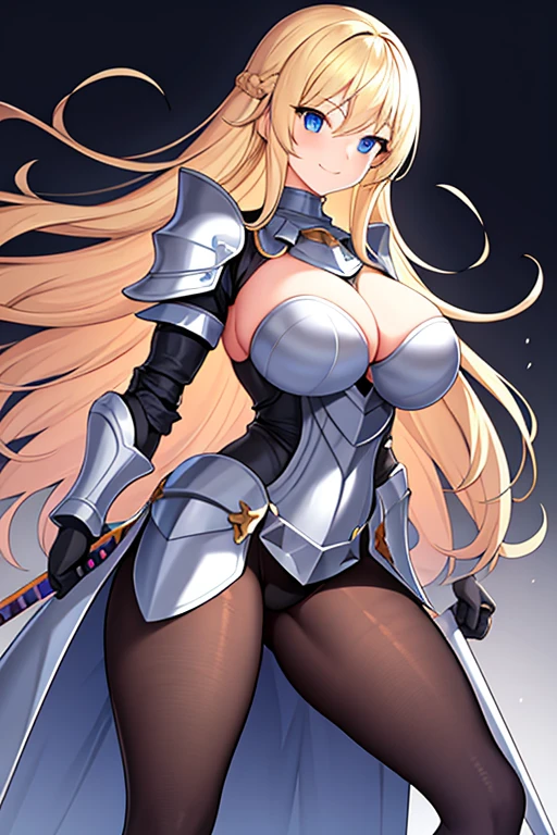 1girl, blonde hair, shoulder armor, large breasts, thick thighs, sword, pantyhose, blue eyes, long hair, blonde hair, hourglass figure, bare legs, smile, gloves, standing, mature female