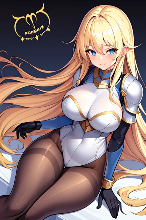 1girl, blonde hair, shoulder armor, large breasts, thick thighs, pantyhose, blue eyes, long hair, blonde hair, hourglass figure, bare legs, smile, gloves, standing, mature female