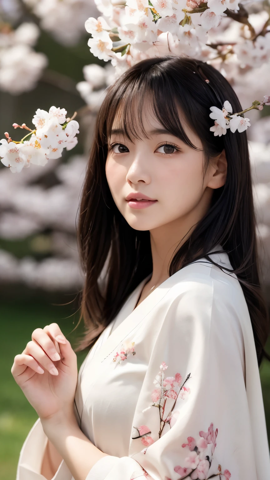 (logo、masterpiece、8k、Tabletop、RAW Photos、wonderful、最high quality、Realistic、Very detailed CG 統合 8k 壁紙、high quality、Very detailed、narrative poem、Particle Effects、Dynamic Effects、Depth of written boundary、Cinematic Light、Lens flare、Ray Tracing)、Fantasy、 (1 beauty、White kimono、Japanese clothing、White cherry blossom pattern、White cherry blossom embroidery pattern、Black-haired、Beautiful Face、True Face、Beautiful details in the eyes、Beautiful Skin)、Hair flutters in Wind、Hair bounces、Pink cherry blossom tree、Petals flutter、SakuraFubuki、wonderful景色、Morning Glow、Sun in the background、Wind、god々、tooth、god話、Vast land、