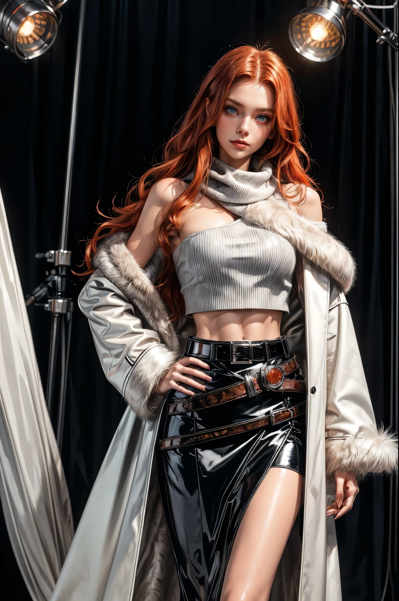One single woman with long orange and red hair , ( long wavy hair) lore_Emma , (((empty studio background))), blue eyes , dark eyeliner, light smile, alluring look, gorgeous face , super cute, 18 years old , hyper detailed face, (slim figure , large breast, thin waist), (((hands on hip))), (wearing a pvc black sweater), (short black pvc skirt), (((two rmetal decorative designer belt))), slightly revealing midriff, single bare shoulder, (white silk scarf), ((open silver fur coat)), ((silver colored coat)), ((coat with fur))