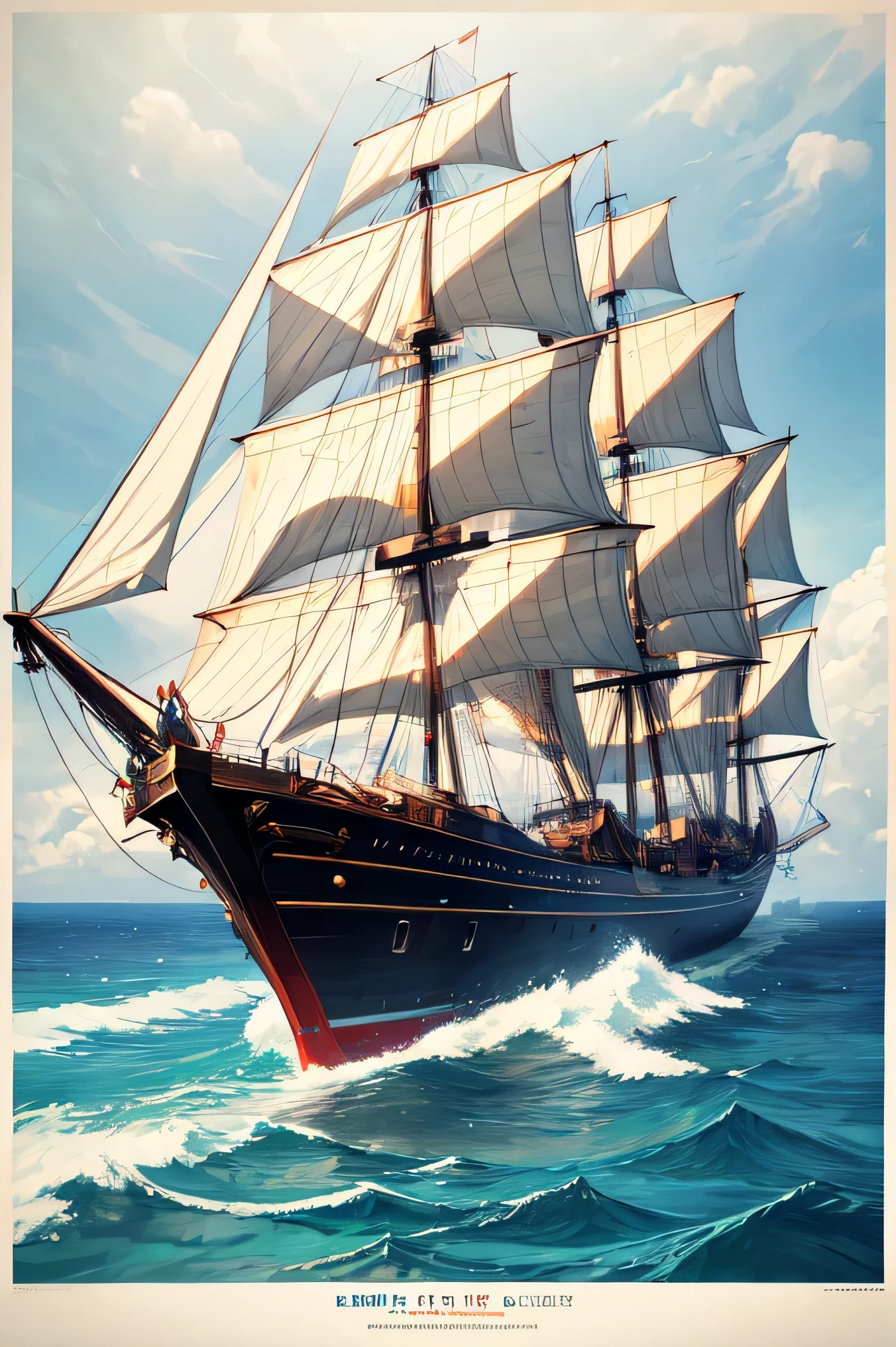 Make a poster design, a image of pirate ship from VOC organisation with big white sails, sailing along the vast ocean, looking for spice in Indonesia. Realistic light, enhance details. ((Anime style))
Professional Poster