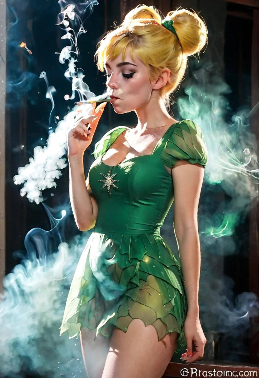 tinkerbell rapidly smoking cigarettes while masturbating, touching pussy, hand on pussy, sucking very hard on cigarette, the cigarette ash is growing very long, very long cigarette asdh, nose exhale, deeply inhaling, lots of cigarette ash, exhaling smoke through nostrils, smoke coming out of nostrils, short green dress, yellow hair, bun,