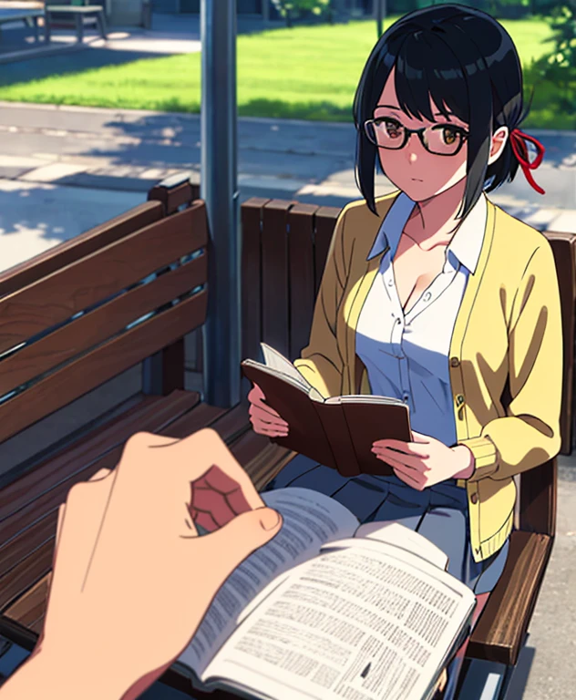 1girl, black hair, brown eyes, eyeglasses, short hair, har band, hair ribbon, yellow cardigan, cleavage, white dress skirt, perfect anatomy, cowboyshot, sit on bench chair, reading a book, outdoors, school university, sky, school building, solo, solo focus, pov, looking at the viewer,