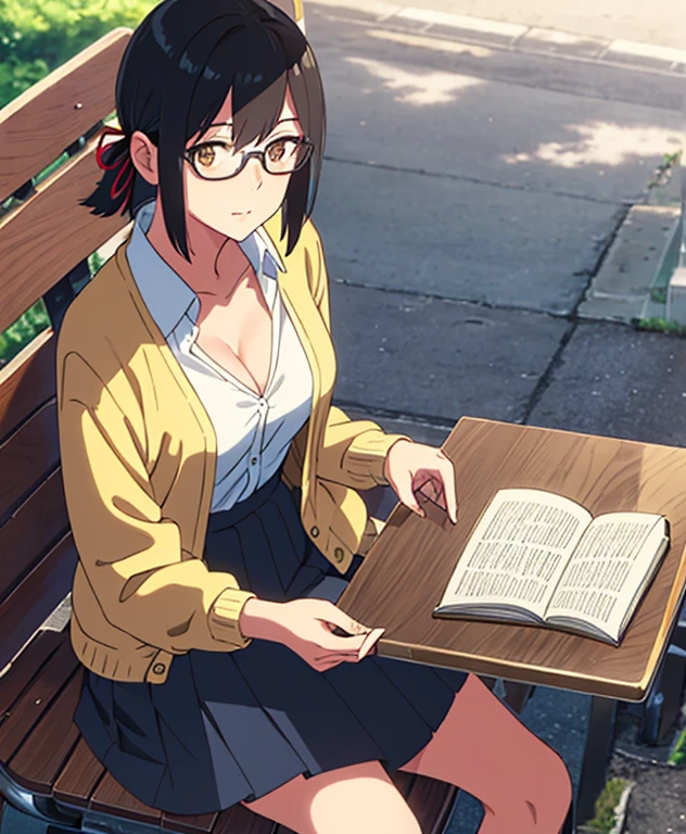 1girl, black hair, brown eyes, eyeglasses, short hair, har band, hair ribbon, yellow cardigan, cleavage, white dress skirt, perfect anatomy, cowboyshot, sit on bench chair, reading a book, outdoors, school university, sky, school building, solo, solo focus, pov, looking at the viewer,