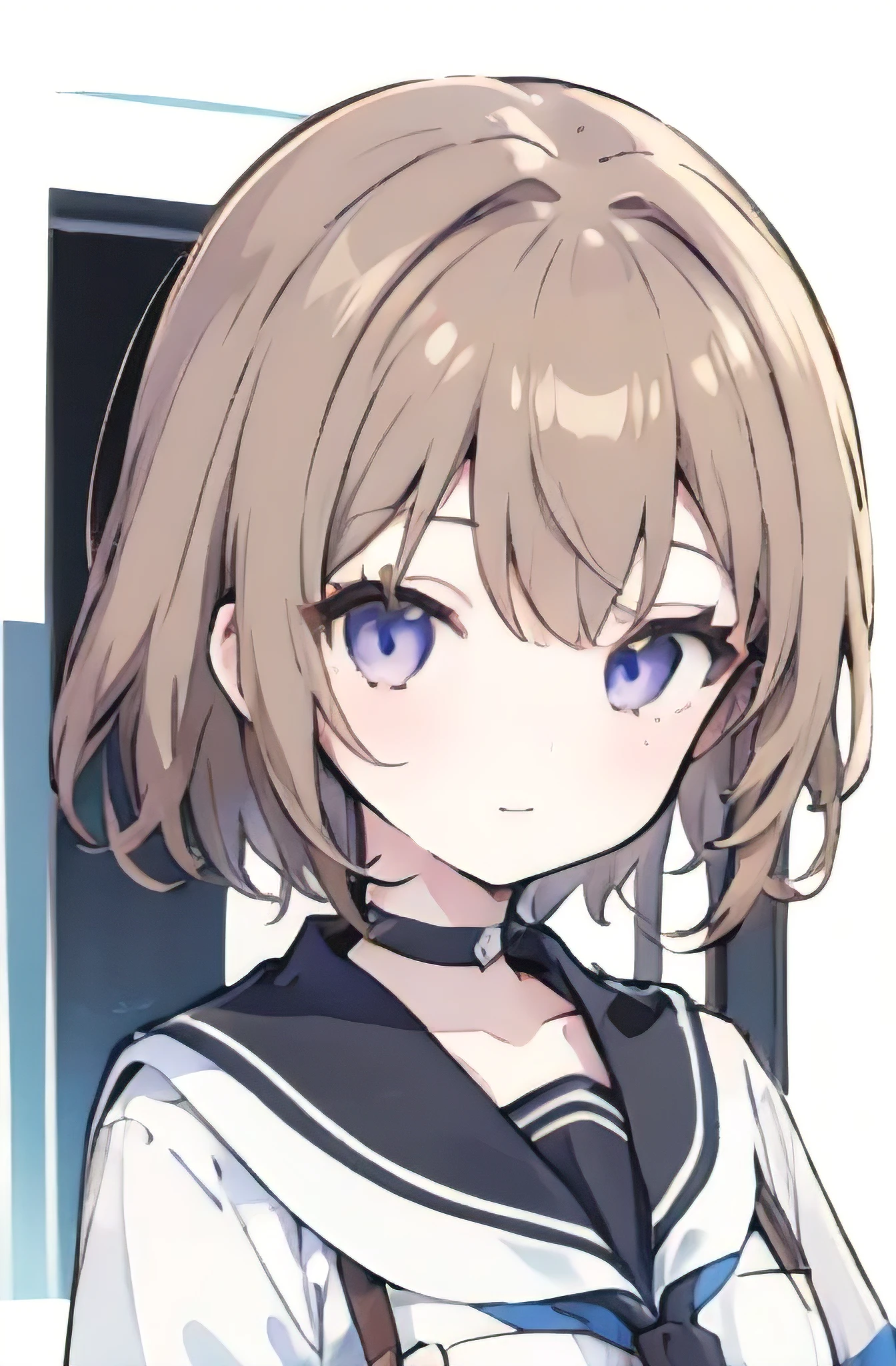 1girl, anime_coloring, black_eyes, brown_hair, choker, short_hair, smile, solo, style_parody,