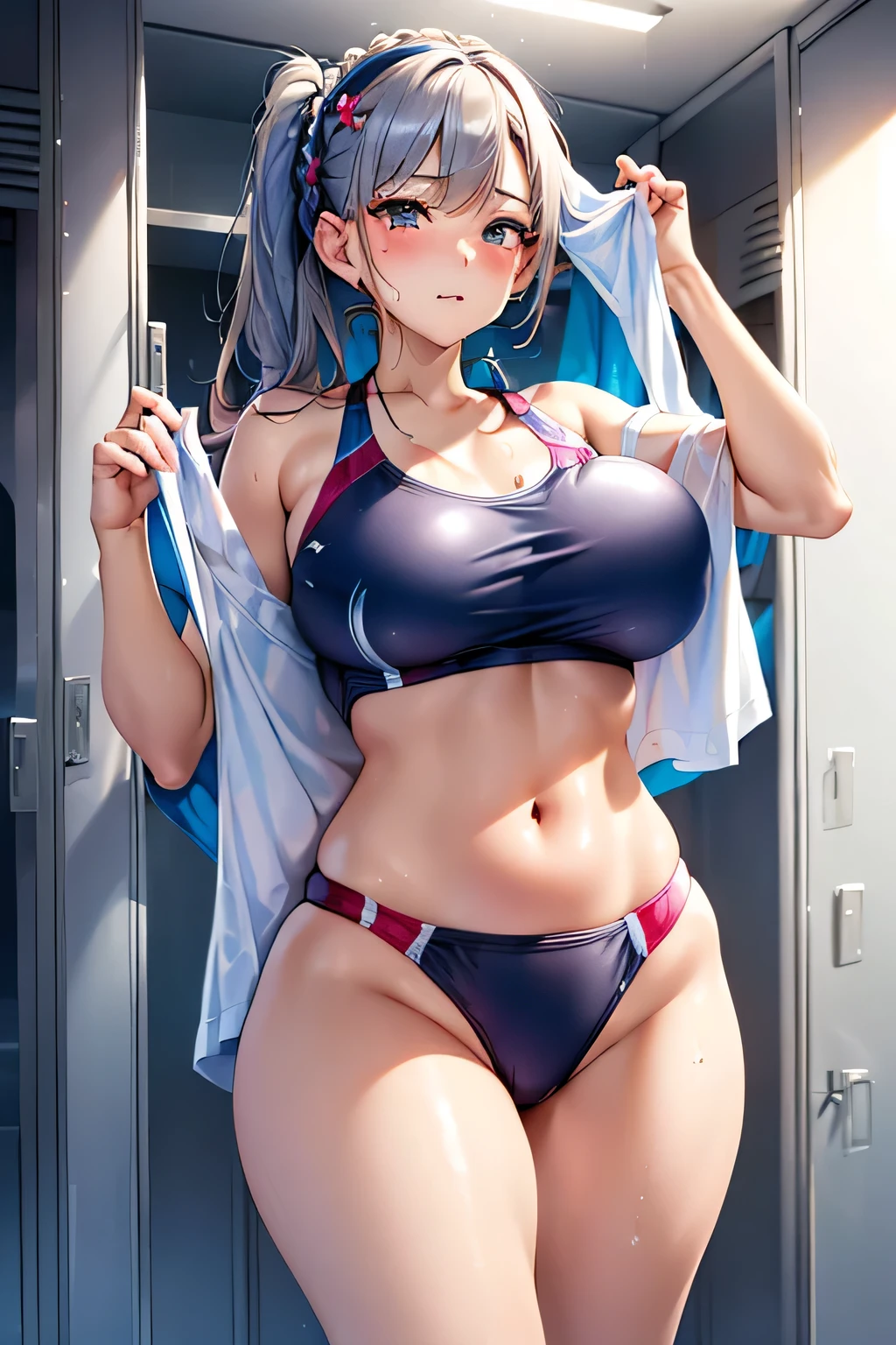 (((locker room:1.3))),(((Sports towel))), (((Changing room 1.3))),(((Uniforms hanging on hangers:1.3))),((Swimsuit change:1.7)),(((Floral Bikini Swimsuit))),Cute Face,Extreme close up of face,Crying face,tears,Cute Face(Silver Hair,Floral knit headband,Half Up、Floral braided space buns,Voluminous fishtail braid,Twisted pan,),(The bangs are see-through),hairpin,hair ornaments,Blushing、Pointed red mouth、Perfect round face,iris,(Perfect body curves),Big Breasts.Wet Hair、Wet swimsuit、Wet Skin、Professional Lighting,Cinematic Light,(Tabletop,highest quality,Ultra-high resolution output images,) ,(8K quality),(Picture Mode Ultra HD),
