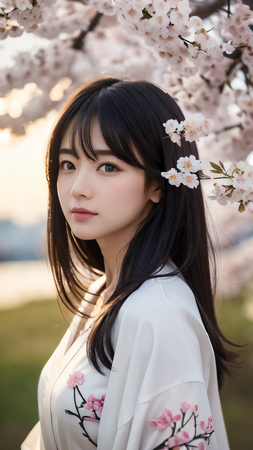 (logo、masterpiece、8k、Tabletop、RAW Photos、wonderful、最high quality、Realistic、Very detailed CG 統合 8k 壁紙、high quality、Very detailed、narrative poem、Particle Effects、Dynamic Effects、Depth of written boundary、Cinematic Light、Lens flare、Ray Tracing)、Fantasy、 (1 beauty、White kimono、Japanese clothing、White cherry blossom pattern、White cherry blossom embroidery pattern、Black-haired、Beautiful Face、True Face、Beautiful details in the eyes、Beautiful Skin)、Hair flutters in Wind、Hair bounces、Pink cherry blossom tree、Petals flutter、SakuraFubuki、wonderful景色、Morning Glow、Sun in the background、Wind、god々、tooth、god話、Vast land、