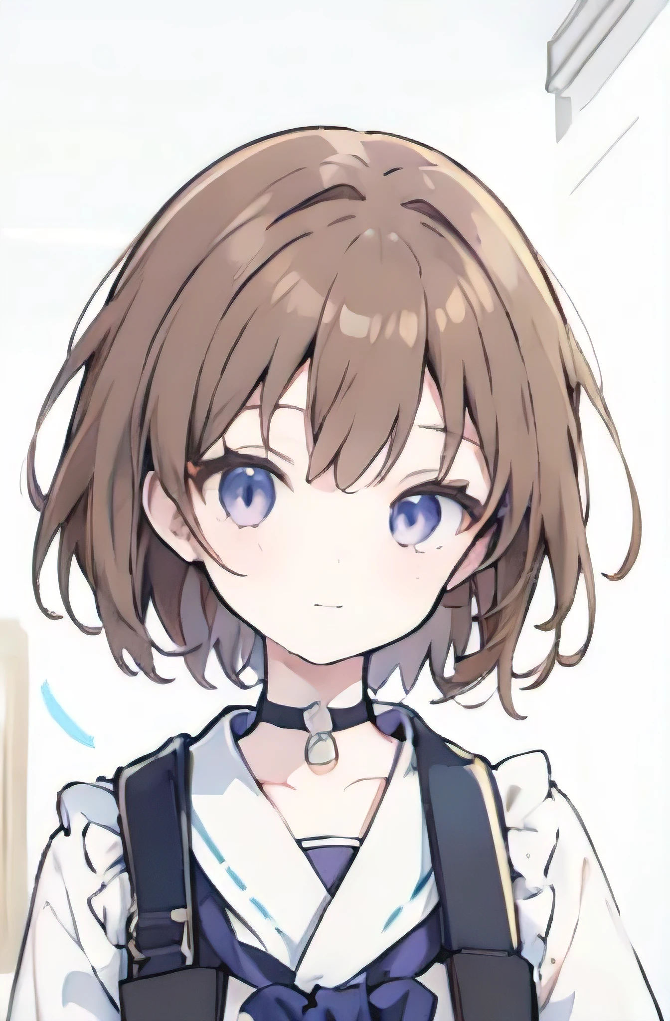 1girl, anime_coloring, black_eyes, brown_hair, choker, short_hair, smile, solo, style_parody,