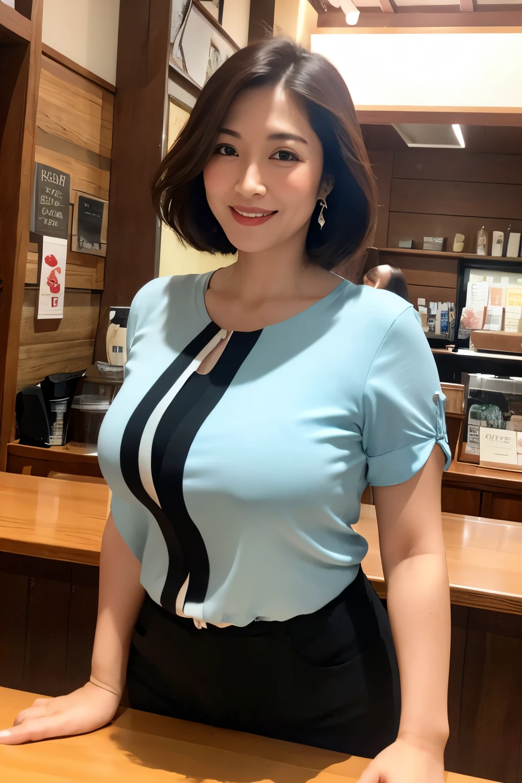 Osaka's aunt、Organic Photography、Background Bokashi, highest quality、masterpiece、Ultra-high resolution、、70 years old、Looking at the audience、、Toothy smile、Big Breasts、Wearing a plain short-sleeved blouse、Short perm hair、、Earrings、A corner of a coffee shop, Background Blur