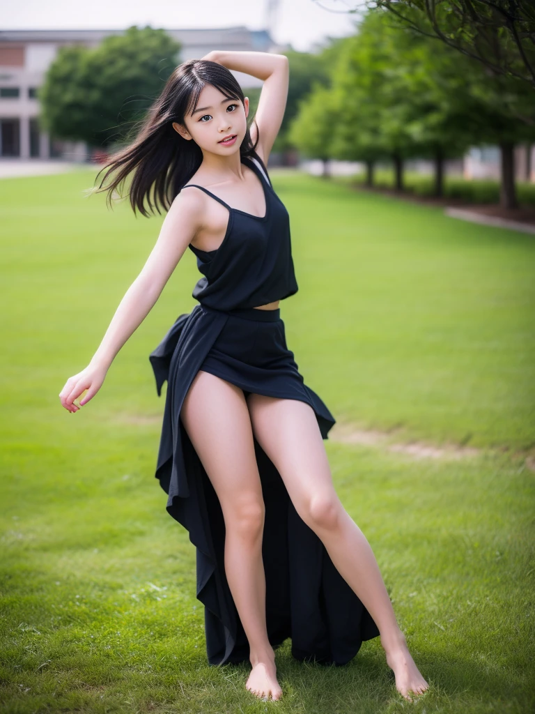 (masterpiece, highest quality:1.4), Award-winning portraits, 8k, 85mm, alone, Beautiful Face, Delicate girl,  (Cheerleader、On the grass), Sophisticated, cute, , RAW Photos, Confused, High resolution, Sharp focus, Background Blur、(((flat  、thin and delicate body、Childish atmosphere)))、shiny semi-long hair、Mole on the left cheek、 Dark blue eyes、the skirt is swaying in the wind、Hair swaying in the wind、sexy、flexible legs、naked