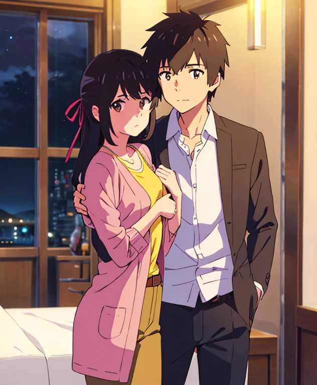 shinkai makoto, kimi no na wa., 1boy, nude, muscular, buzzcut, boy behind girl, touching chest, breatsgrope from behind, grab, grabbing chest,chestgrab behind back, hold breast, hug back, hugging, mitsuha miyamizu, black hair, brown eyes, long hair, straight hair, hair ribbon, cardigan, pink cardigan, shirt, yellow shirt, belt, pants, orange pants, necklace, collarbone,
indoors, night, bedroom,
looking at viewer,