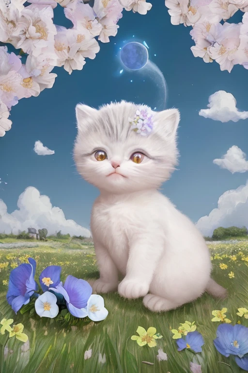 Gatito en el campo de flores con media luna y cielo con nubes. 8k