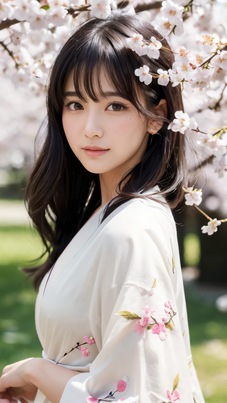 (logo、masterpiece、8k、Tabletop、RAW Photos、wonderful、最high quality、Realistic、Very detailed CG 統合 8k 壁紙、high quality、Very detailed、narrative poem、Particle Effects、Dynamic Effects、Depth of written boundary、Cinematic Light、Lens flare、Ray Tracing)、Fantasy、 (1 beauty、White kimono、Japanese clothing、White cherry blossom pattern、White cherry blossom embroidery pattern、Black-haired、Beautiful Face、True Face、Beautiful details in the eyes、Beautiful Skin)、Hair flutters in Wind、Hair bounces、Pink cherry blossom tree、Petals flutter、SakuraFubuki、wonderful景色、Morning Glow、Sun in the background、Wind、god々、tooth、god話、Vast land、