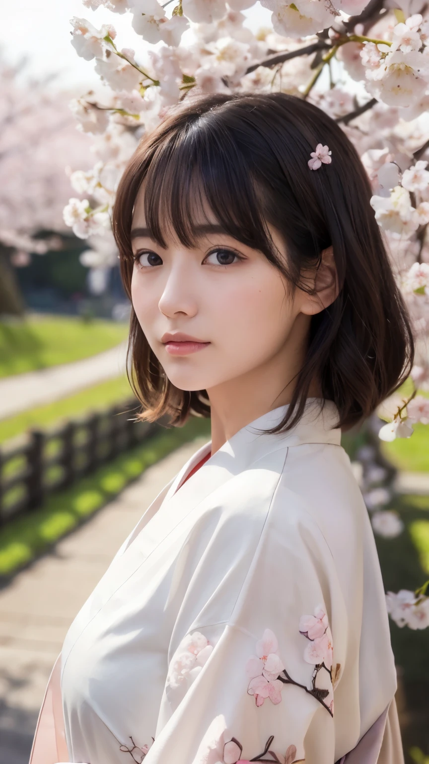 (logo、masterpiece、8k、Tabletop、RAW Photos、wonderful、最high quality、Realistic、Very detailed CG 統合 8k 壁紙、high quality、Very detailed、narrative poem、Particle Effects、Dynamic Effects、Depth of written boundary、Cinematic Light、Lens flare、Ray Tracing)、Fantasy、 (1 beauty、White kimono、Japanese clothing、White cherry blossom pattern、White cherry blossom embroidery pattern、Black-haired、Beautiful Face、True Face、Beautiful details in the eyes、Beautiful Skin)、Hair flutters in Wind、Hair bounces、Pink cherry blossom tree、Petals flutter、SakuraFubuki、wonderful景色、Morning Glow、Sun in the background、Wind、god々、tooth、god話、Vast land、
