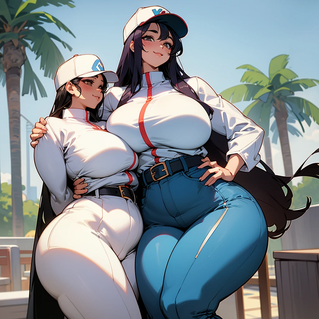 three extremely thicc and large latino women hugging, huge bust, 250 pounds of sensuality, pants, massive breasts, thicc-hips, smiling, sbbw, plus size woman, belt, thicc, hand on shoulder, wearing a baseball cap,  shirt, white jacket, voluptuous body, leaning backwards