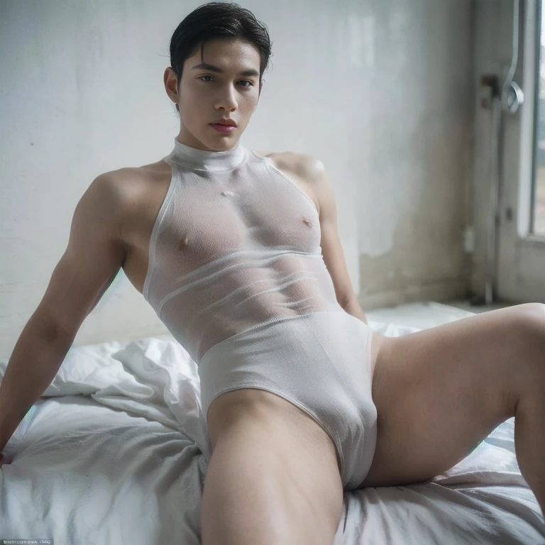 Futuristic rubber high waisted white leotard, skin tight, （buzz cut haircut）, hands visible, gloves, boots, toned male, young man, sexy glossy leotard, hands covered, handsome boy， big bulge , thick thighs , thick hips , handsome Korean man , K-pop idol, （bare thighs）, sexy , NSFW , eroticism ， epic reality , epic photorealistic  , bottomless , detail face ,  epic reality , ultra realism,  full length shot(fls), ( extreme tight high waisted white leotard), (extremely small size leotard squeeze out the side belly) , 16k resolution , ultra-high clarity , hyperrealism, uhd , ((only male , only boy )), masculine , bodybuilder, massive ,((unrealistic insane wide hips)) , (wide hips , wide pelvis , phat hips) ， manly , alluring look , NSFW