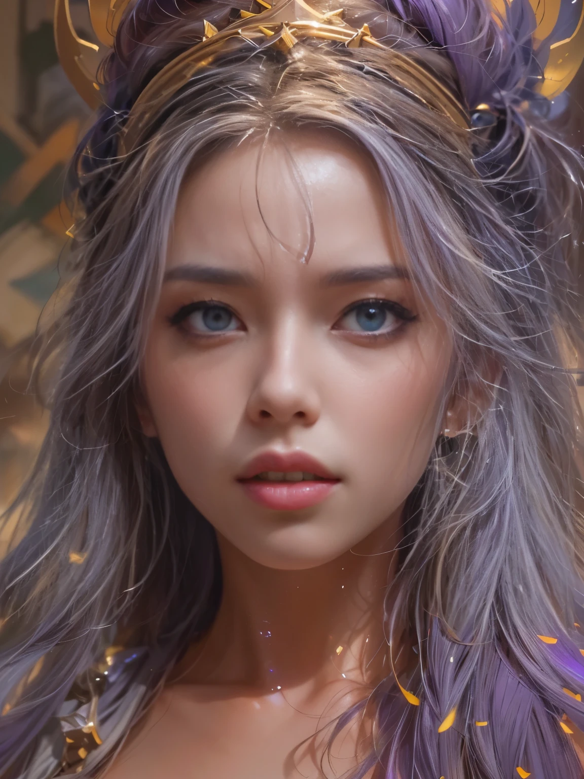IU1, Serious expression, Model shooting style, (Highly detailed CG Unity 8k wallpaper), Full body photos of the most beautiful works of art in the world, (Medieval Armor:1.1), Professional, majestic oil painting by Ed Blinky, Atey Gailan, Studio Ghibli, Jeremy Mann, Greg Manchess, Antonio Moro, Trending on Art Station, CGSociety Trends, complicated, High detail, Sharp focus, dramatic, Photorealistic paintings by Midjourney and Greg Rutkowski, Beautify your face, Long Blonde Hair, Big firm Breasts, hard nipples, Sexy, Sharp Eyes, Break, dynamic sexy poses, sweat, cleavage is exposed, Add light purple and purple, Add Light Red, Intricate details, Splash screen,