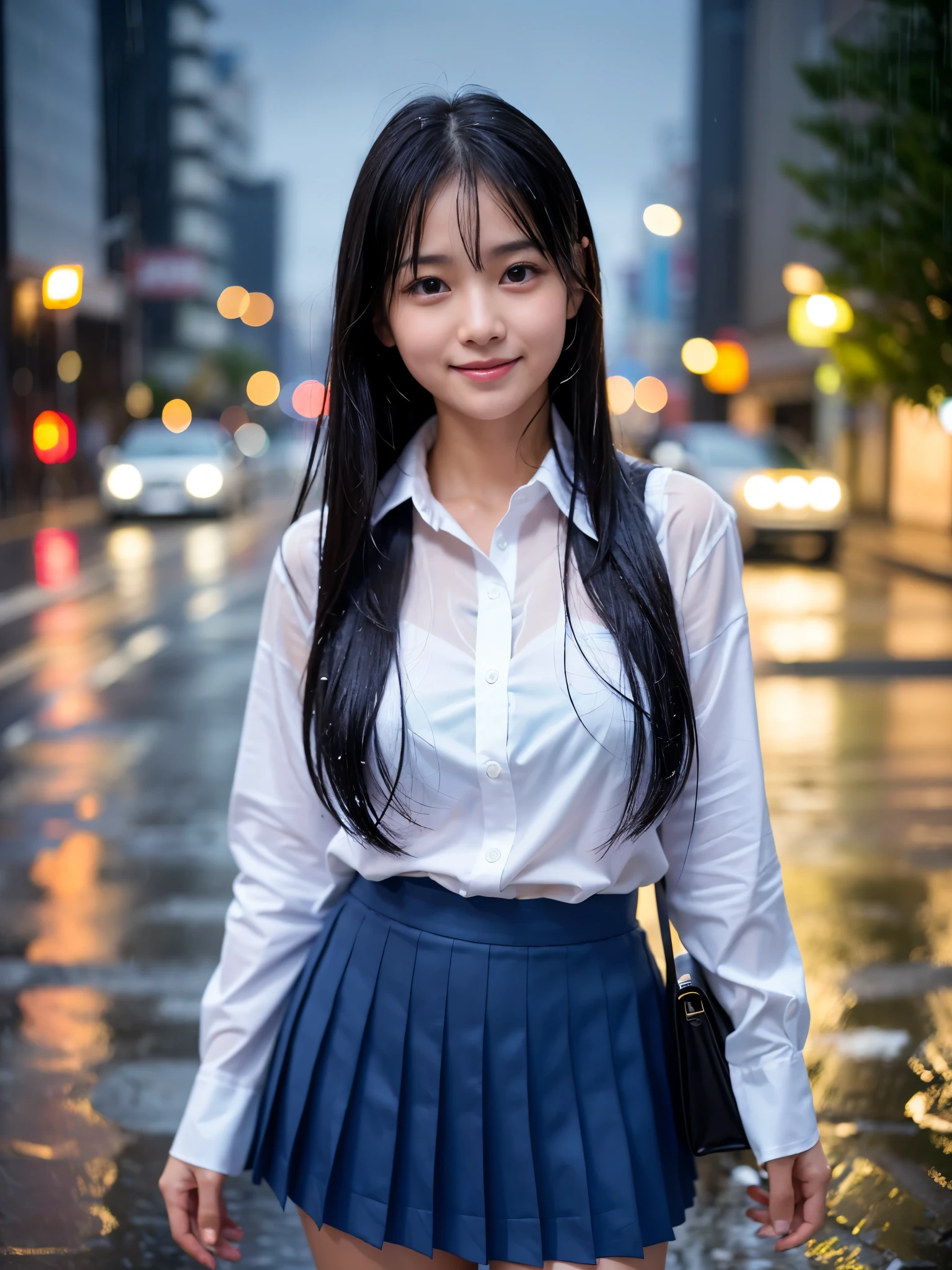 (Best-quality, Masterpiece, Ultra-High-Resolution, (Photorealistic:1.4), Raw Photo, depth of field, professional lighting, perfect anatomy, extremely details), 1girl, 15-years-old, the most famous Japanese idol, innocent smile, cowboy shot, (((standing on street in heavy-rain, wearing extremely wet white-shirt from heavy-rain and extremely wet navy-blue pleated skirt from heavy-rain, extremely wet hair from heavy-rain, extremely wet face from heavy-rain))), ((extremely cute face like the most popular Japanese idol, ((extremely cute and extremely big eyes)), extremely beautiful realistic-skins, extremely cute long-eyelashes, extremely cute lips)), extremely beautiful wet-body from heavy-rain, extremely beautiful wet-thighs from heavy-rain, underwear showing through wet-shirt