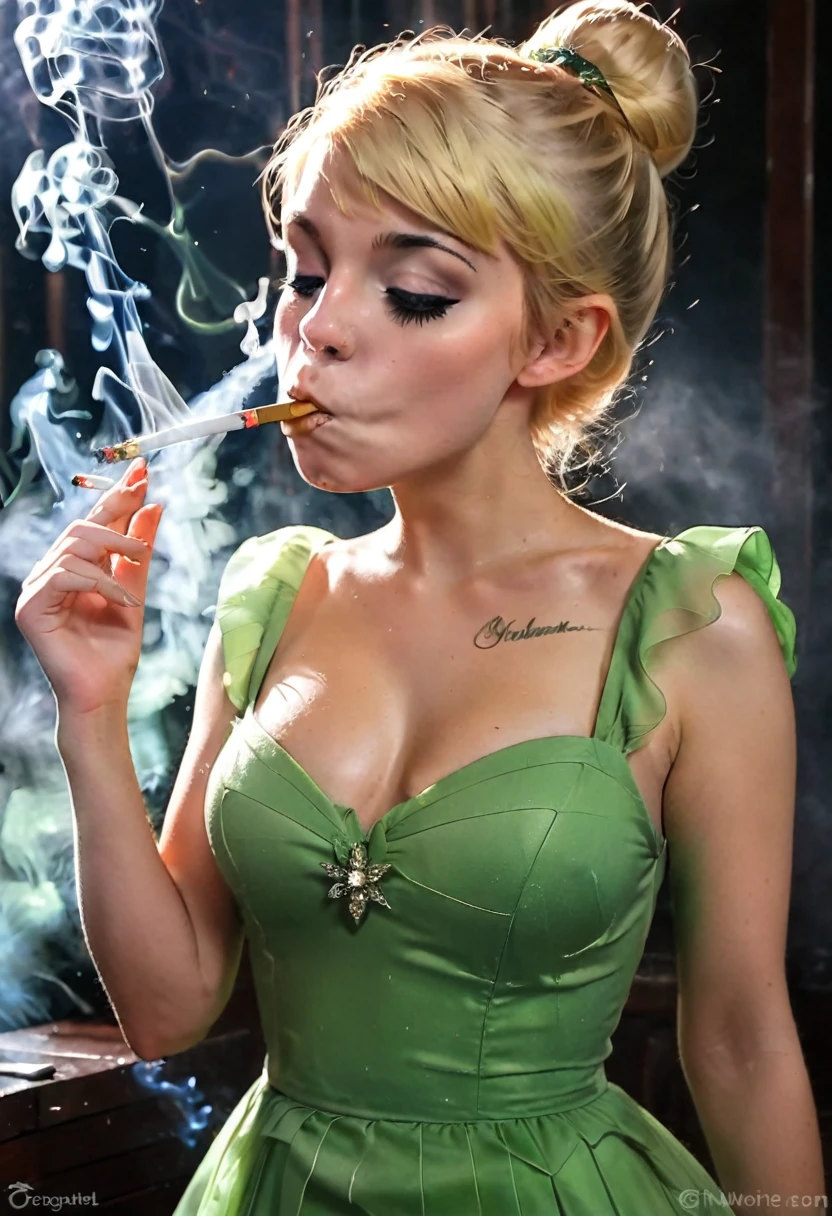 tinkerbell rapidly smoking cigarettes while masturbating, touching pussy, hand on pussy, sucking very hard on cigarette, the cigarette ash is growing very long, very long cigarette asdh, nose exhale, deeply inhaling, lots of cigarette ash, exhaling smoke through nostrils, smoke coming out of nostrils, short green dress, yellow hair, bun,