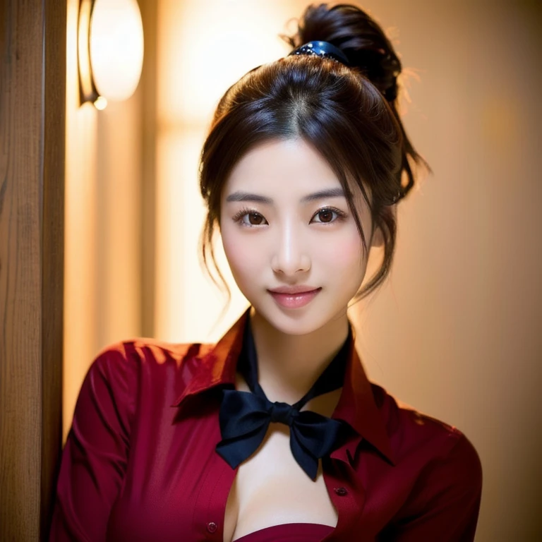 1 lovely girl,White skinned,brown haired,Looking at Viewer,Pony tail, Happy smile, Stylish beautiful red silk dress, Mature face、