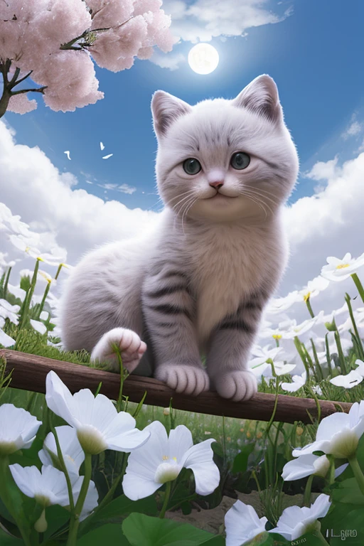 Gatito en el campo de flores con media luna y cielo con nubes. 8k