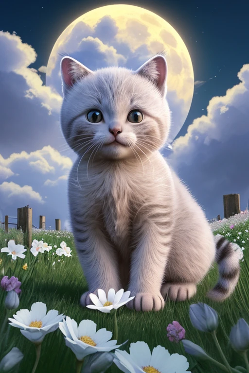 Gatito en el campo de flores con media luna y cielo con nubes. 8k
