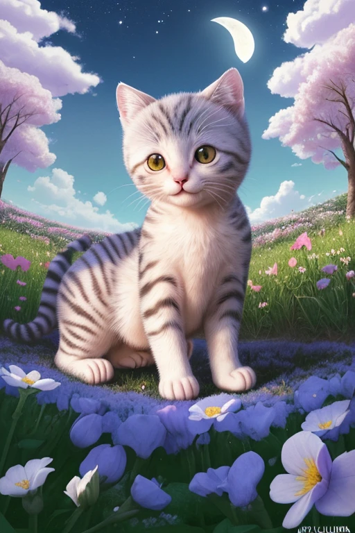 Gatito en el campo de flores con media luna y cielo con nubes. 8k