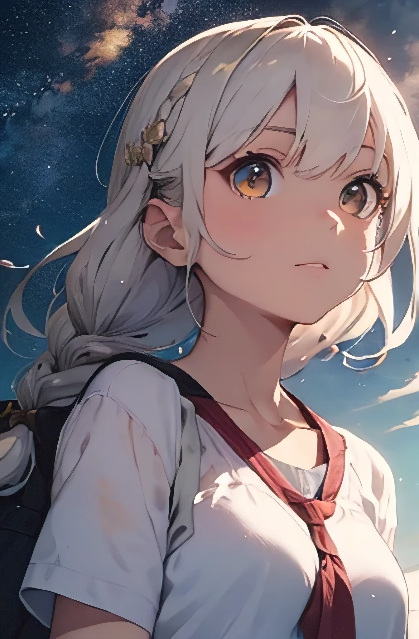 Anime girl with long white hair and blue eyes looking at the sky ...