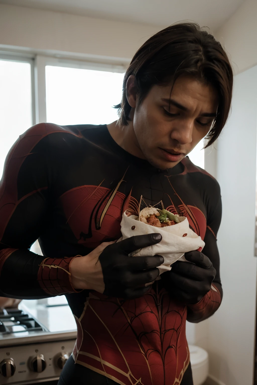 homem aranha comendo burrito