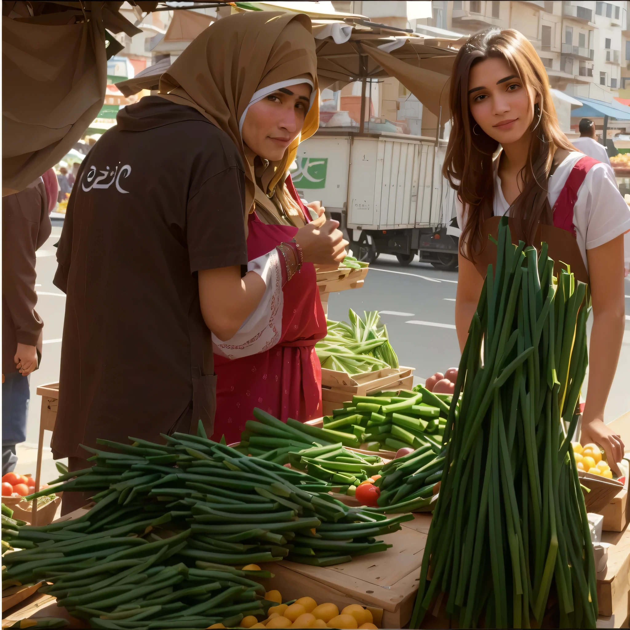 there are two women standing at a table with vegetables, middle eastern style vendors, street Mercado, vendedores de rua, Marat Zakirov, Alexei Egorov, capuz, Máximo Sukharev, lindas garotas, alexandra fomina, garota persa de pele clara, Sergei Krasovskiy, Mercado, No Egito, Mulheres bonitas, fresh food Mercado people
