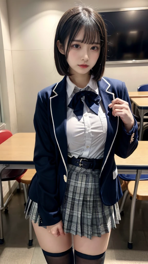 masterpiece, best quality, illustration, Super detailed, fine details, High resolution, 8K,wall paper, perfect dynamic composition,(Details High quality, realistic depiction of eyes:1.3), from side, High School Classroom、High school girl uniform、blazer 、Super Short Check Uniform Skirt、Navy blue high socks、garterbelts、Colossal tits、Disturbed uniform, short bob hair, black hair color, huge breasts, Big Natural Color Lip, bold sexy pose, (perfect body shape), crying a little、cold gaze, Harajuku style、20 year old girl、 beautiful legs, hposing Gravure Idol, Voluptuous thighs