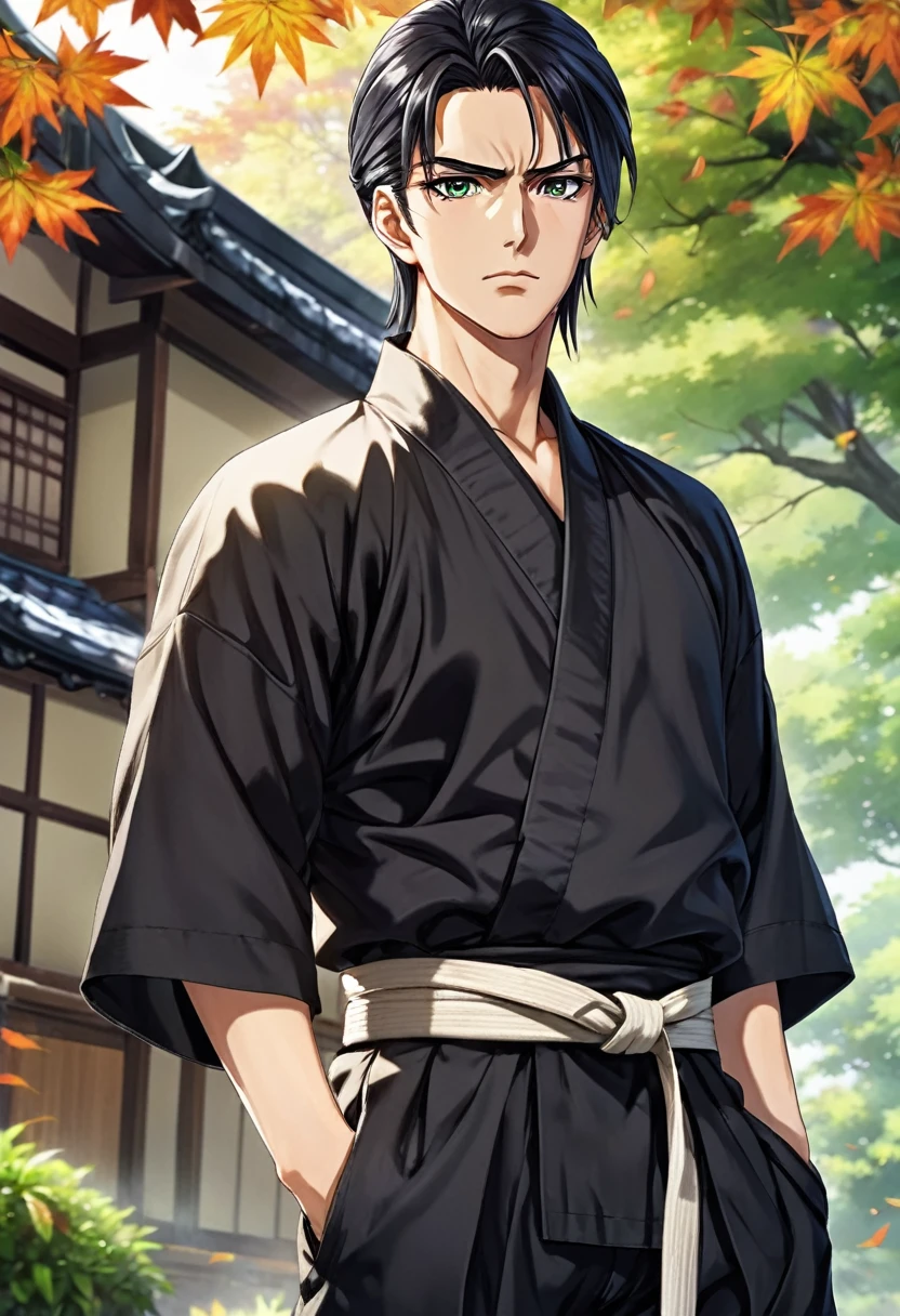 (anime toji fushiguro background), (anime 10k background), anime official background, (very detailed), cool autumn background, holding weapon, (closeup), impact, Toji appears to be a tall and well-built middle-aged man with mid-length straight black hair that reaches to his ears, Toji has green eyes like his son, thin black eyebrows and a sharp scar over the right side of his mouth just on the edge of his lips. For casual attire, Toji wears a simple outfit consisting of a long-sleeved shirt and matching pants with sandals. While fighting, Toji wears a tight-fitting short sleeve shirt and sports tan baggy training pants with a black belt weaved through the waist, as well as black martial arts slippers. While still a member of the Zenin family, he wore a dark colored haori over a black yukata. He wears a loose white sweater along with black pants and black shoes