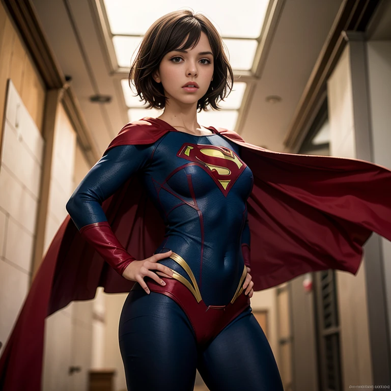 solo, 1girl, 5uper, supergirl, black hair, pixie haircut, blue eyes, blue bodysuit, long sleeves, red cape, 