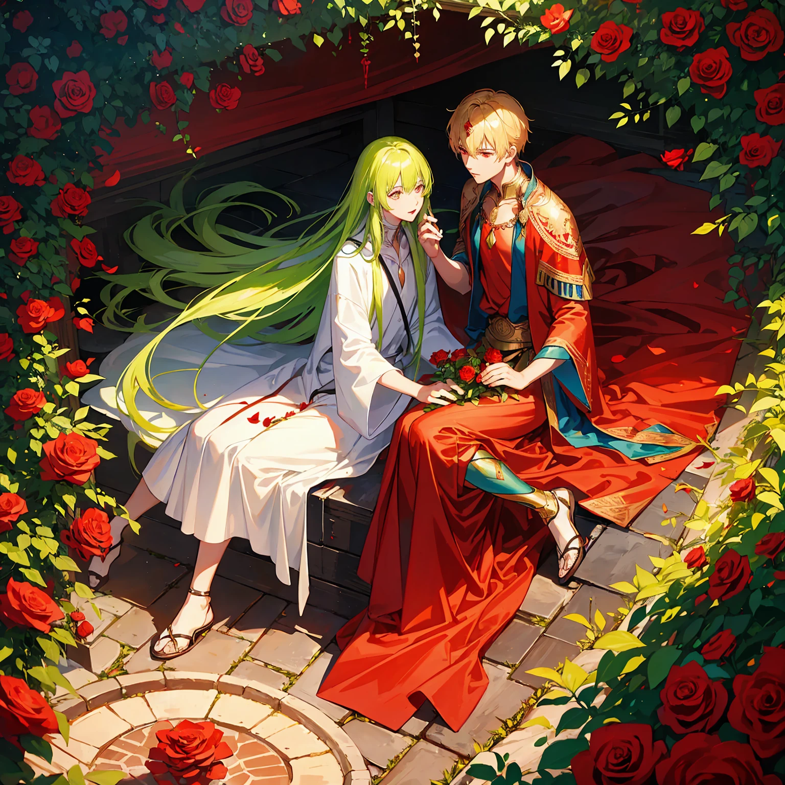 absurd resolution, high resolution, ultra detailed, HDR, master piece, best quality, extremely detailed face and eyes, beautiful vibrant red eyes, caster Gilgamesh x Enkidu, gay couple, two men only, handsome, garden, red roses, petals, arabian clothes