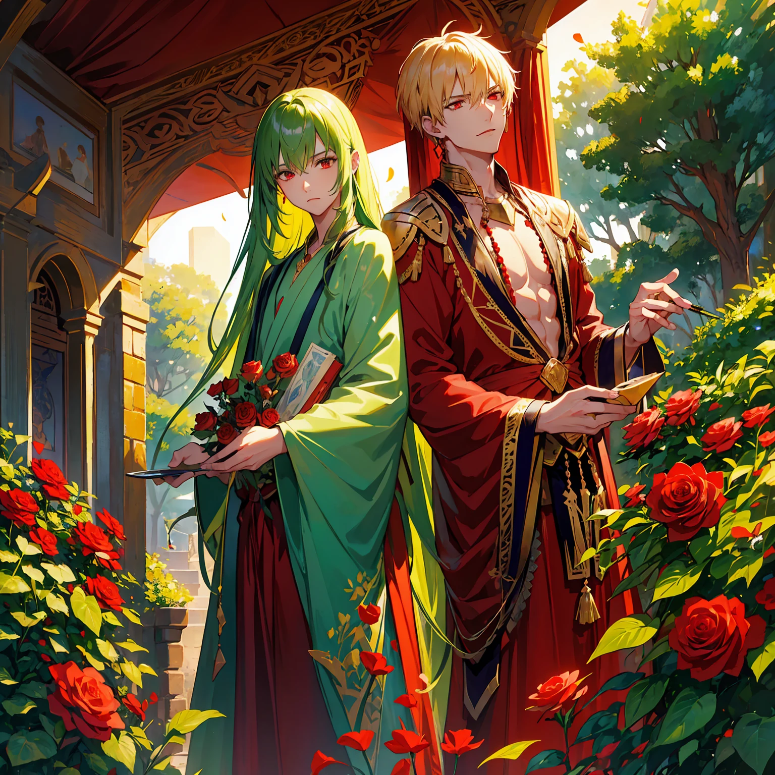 absurd resolution, high resolution, ultra detailed, HDR, master piece, best quality, extremely detailed face and eyes, beautiful vibrant red eyes, caster Gilgamesh x Enkidu, gay couple, two men only, handsome, garden, red roses, petals, arabian clothes