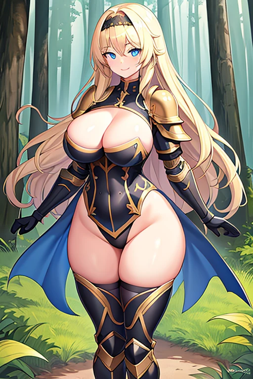 1girl, blonde hair, shoulder armor, large breasts, thick thighs, blue eyes, long hair, blonde hair, hourglass figure, bare legs, smile, gloves, standing, ((standing)), forest, black headband, gold trim, cleavage
