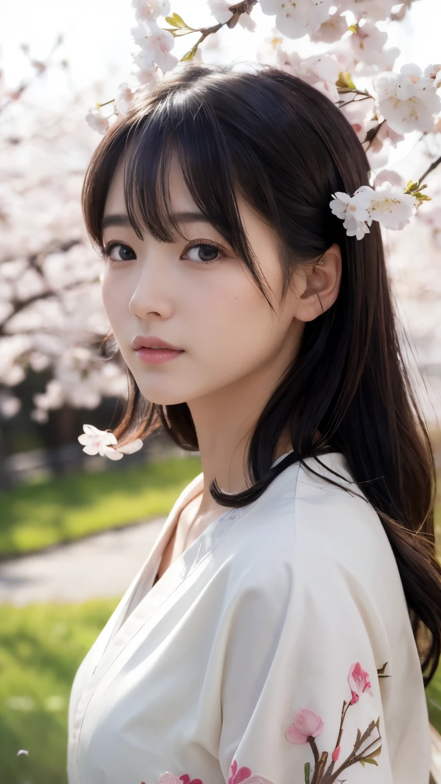 (logo、masterpiece、8k、Tabletop、RAW Photos、wonderful、最high quality、Realistic、Very detailed CG 統合 8k 壁紙、high quality、Very detailed、narrative poem、Particle Effects、Dynamic Effects、Depth of written boundary、Cinematic Light、Lens flare、Ray Tracing)、Fantasy、 (1 beauty、White kimono、Japanese clothing、White cherry blossom pattern、White cherry blossom embroidery pattern、Black-haired、Beautiful Face、True Face、Beautiful details in the eyes、Beautiful Skin)、Hair flutters in Wind、Hair bounces、Pink cherry blossom tree、Petals flutter、SakuraFubuki、wonderful景色、Morning Glow、Sun in the background、Wind、god々、tooth、god話、Vast land、
