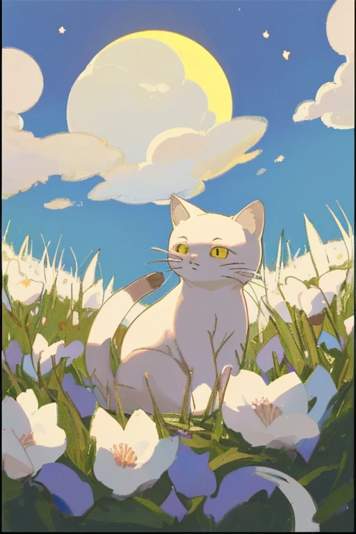 Gatito en el campo de flores con media luna y cielo con nubes. 8k