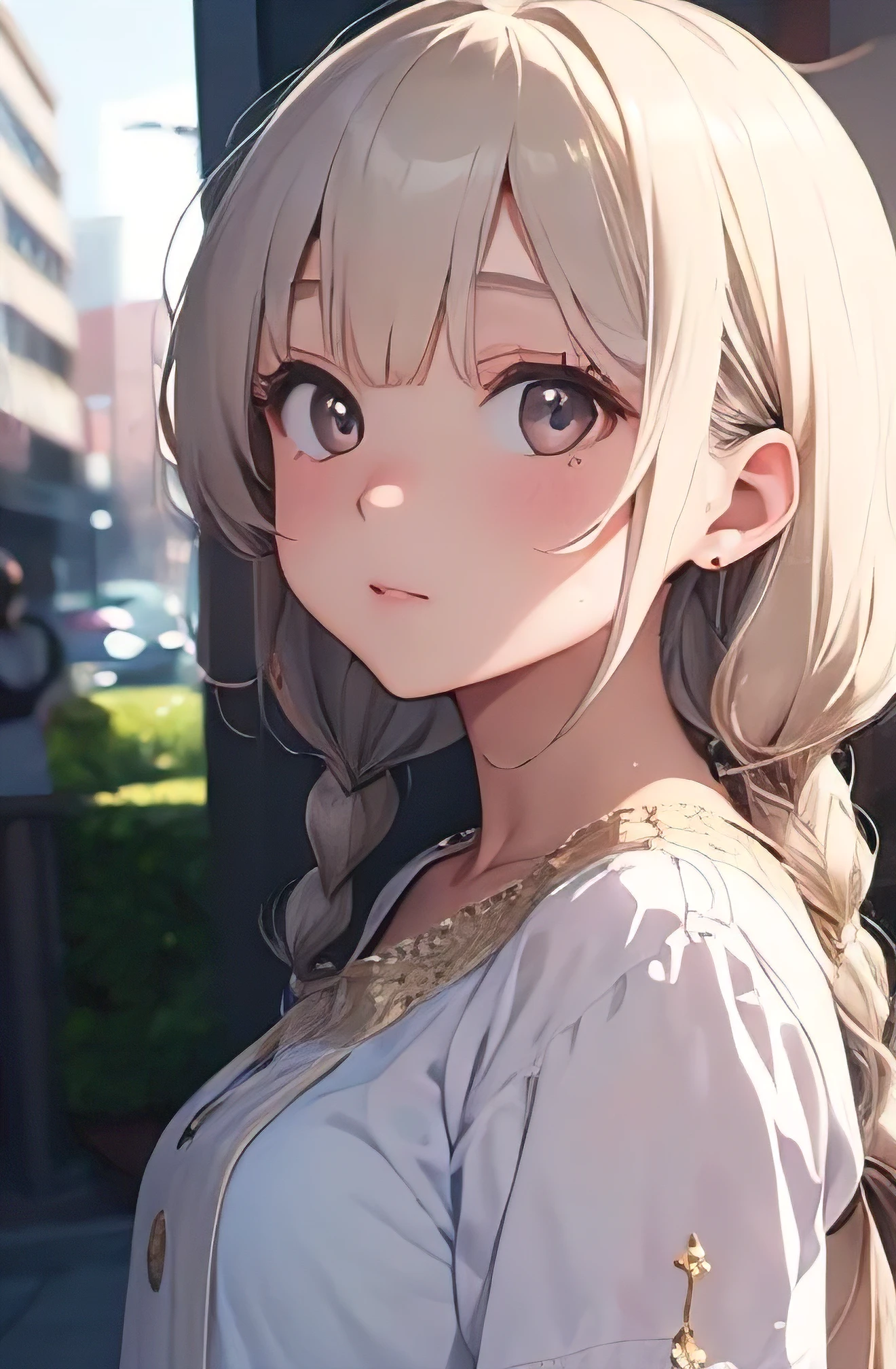 best quality, masterpiece,white hair, gold eyes,white clothes, looking up, upper body,hair strand,Fair skin,side braids