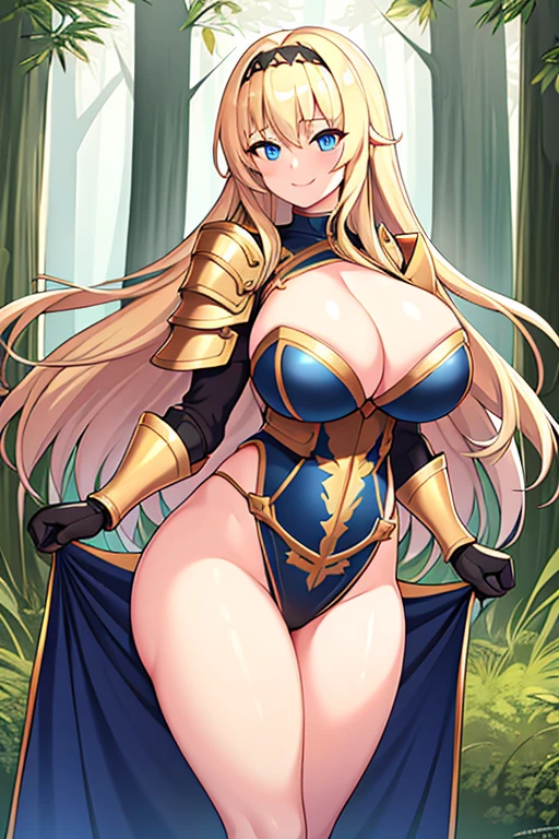 1girl, blonde hair, shoulder armor, large breasts, thick thighs, blue eyes, long hair, blonde hair, hourglass figure, bare legs, smile, gloves, standing, ((standing)), forest, black headband, gold trim, cleavage